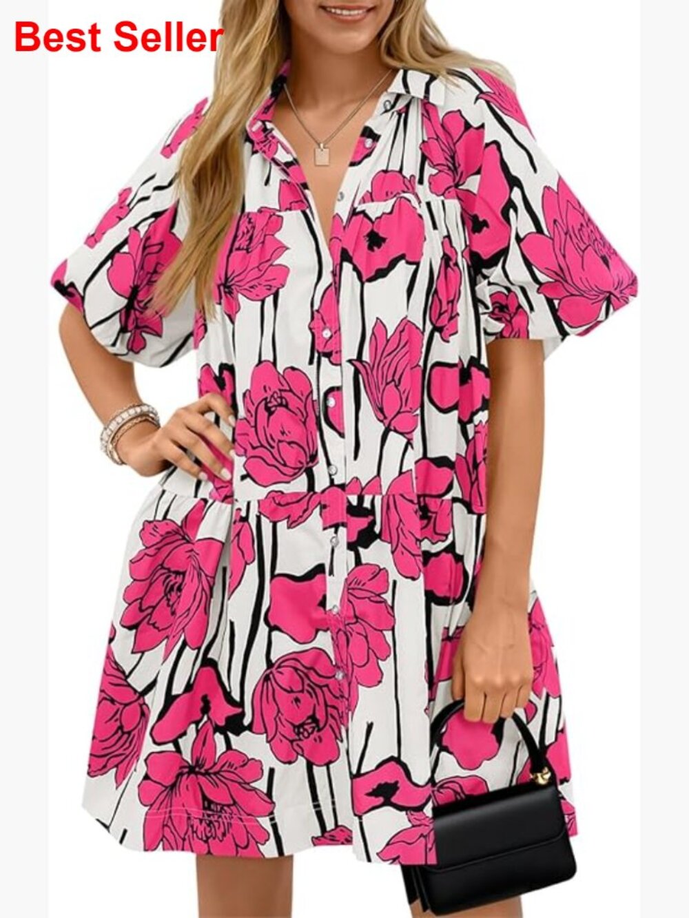 Summer Button Down Shirt Dress Floral Puff Short Sleeve Casual Loose Fit Mini